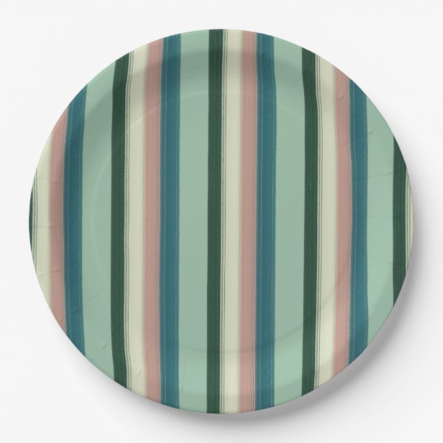 Sage Green Striped Paper Plates (Front)