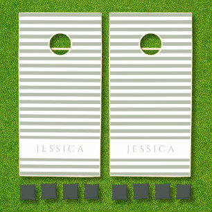 Sage Green Striped Pattern Name Cornhole Set