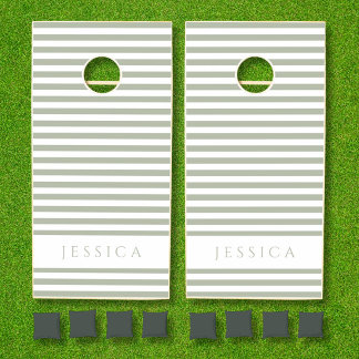 Sage Green Striped Pattern Name Cornhole Set