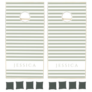Sage Green Striped Pattern Name Cornhole Set
