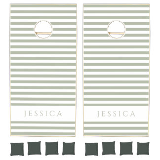 Sage Green Striped Pattern Name Cornhole Set