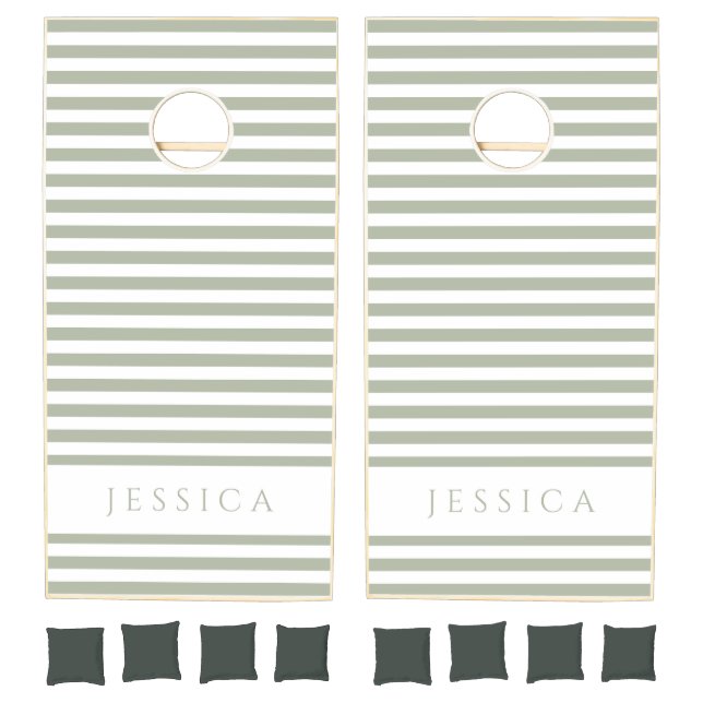 Sage Green Striped Pattern Name Cornhole Set (Set)