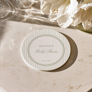 Sage Green Striped Preppy Baby Shower Coasters