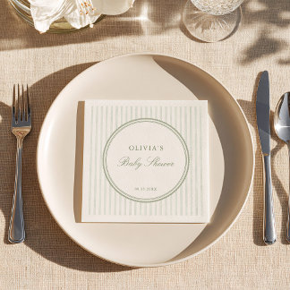 Sage Green Striped Preppy Baby Shower Napkins