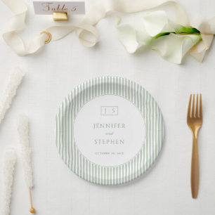 Sage Green Striped Wedding Paper Plates