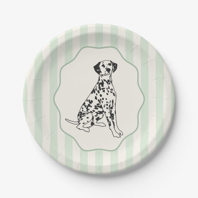 Sage Green Stripes and Black Dalmatian Dog Paper Plates (Front)