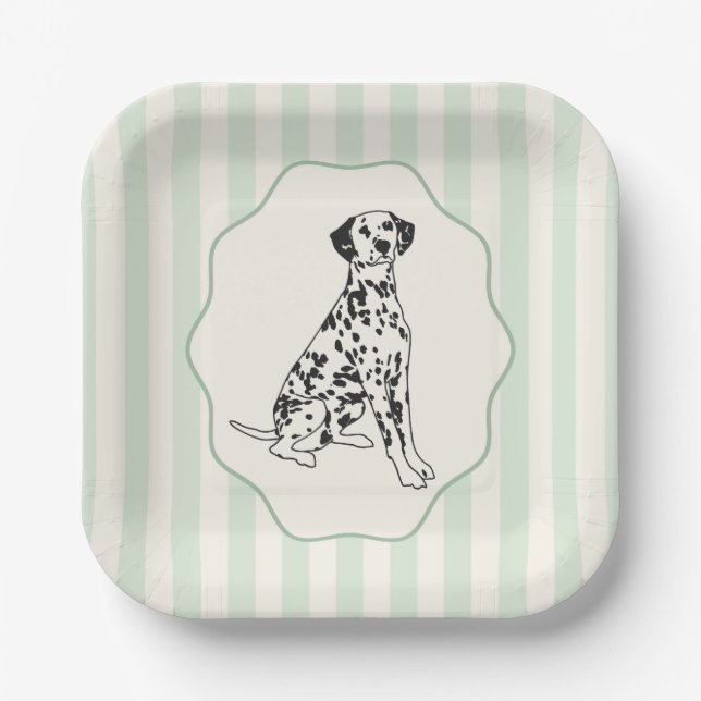 Sage Green Stripes and Black Dalmatian Dog Paper Plates (Front)