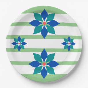 Sage Green stripes and blue flowers Paper Plates