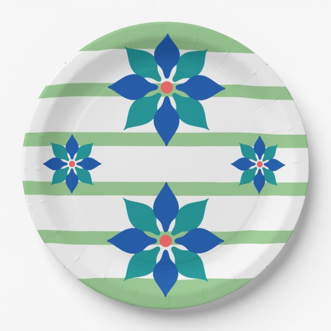 Sage Green stripes and blue flowers Paper Plates (Front)
