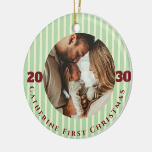 Sage Green Stripes Baby First Christmas Photo Ceramic Ornament