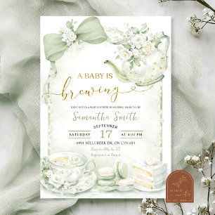 Sage Green Stripes Baby is Brewing Baby Shower Invitation