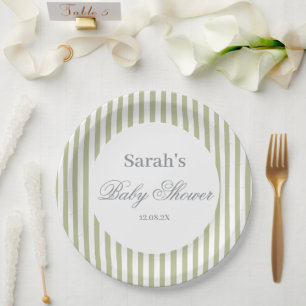 Sage Green Stripes Baby Shower Paper Plates