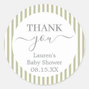 Sage Green Stripes Baby Shower Round Sticker