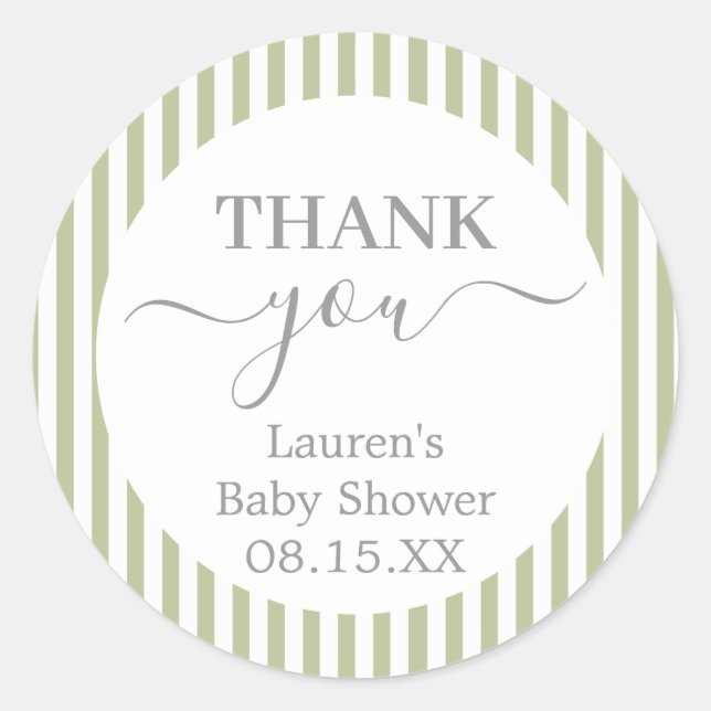 Sage Green Stripes Baby Shower Round Sticker (Front)