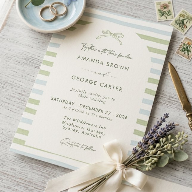 Sage Green Stripes Bow Wedding Invitation (Creator Uploaded)