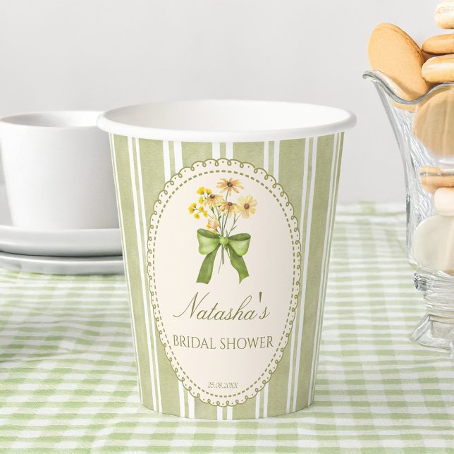 Sage green stripes bridal shower monogrammed paper cups (Sage green stripes bridal shower monogrammed paper cups grand millennial retro party supplies)