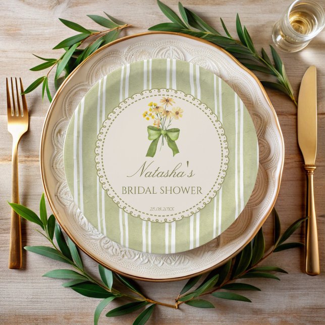 Sage green stripes bridal shower monogrammed paper plates (Sage green stripes grand millennial bridal shower monogrammed paper plates personalized table decor)