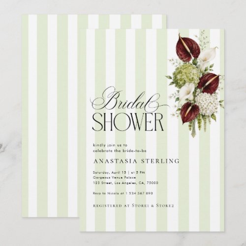 Sage Green Stripes & Burgundy Floral Bridal Shower Invitation