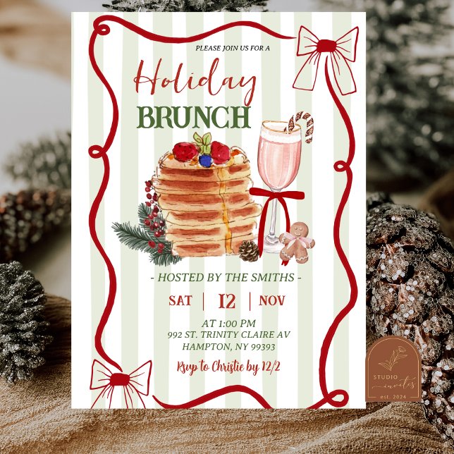 Sage Green Stripes Christmas Holiday Brunch Invitation (Creator Uploaded)