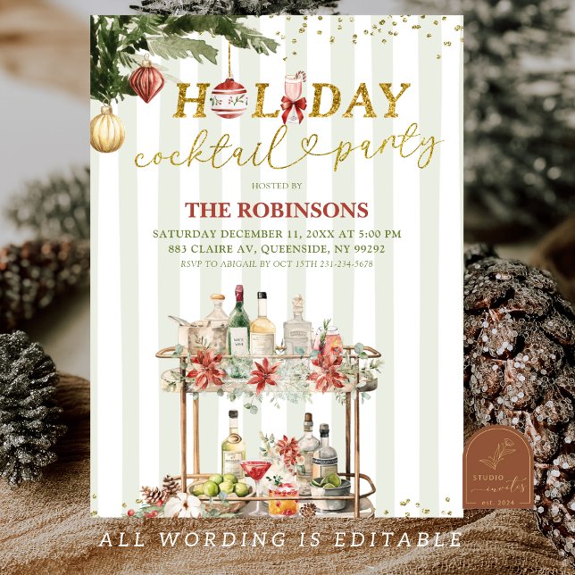 Sage Green Stripes Christmas Holiday Cocktail Invitation (Creator Uploaded)