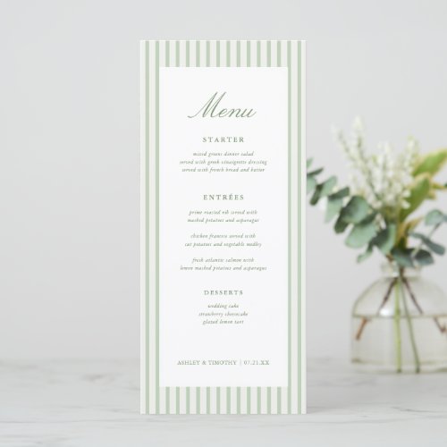 Sage Green Stripes Classic Wedding Table Menu