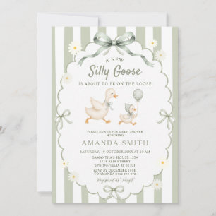 Sage Green Stripes Daisies Silly Goose Baby Shower Invitation