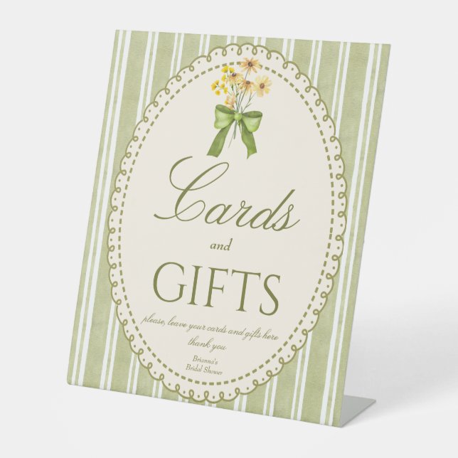 Sage green stripes elegant bridal shower gifts pedestal sign (Front)