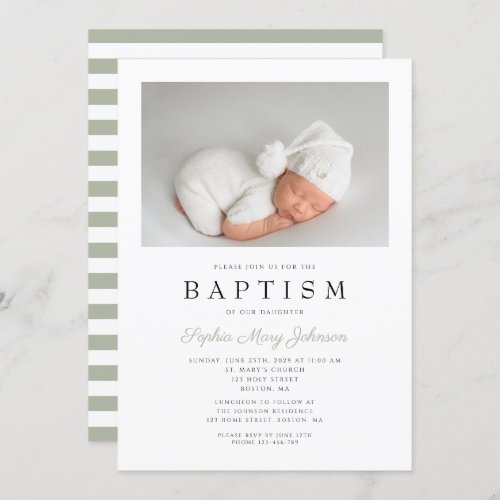 Sage Green Stripes Elegant Photo Baptism Invitation