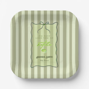Sage Green Stripes Love So Matcha Baby Shower Paper Plates