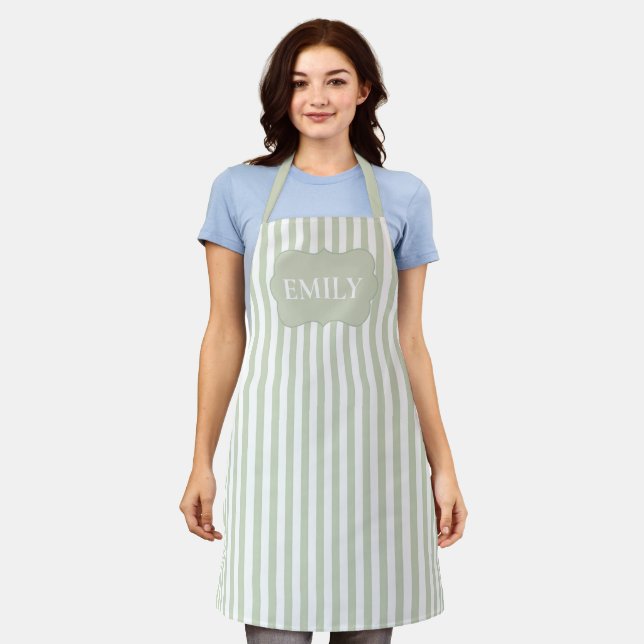 Sage Green Stripes Name Scalloped Border Apron (Worn)