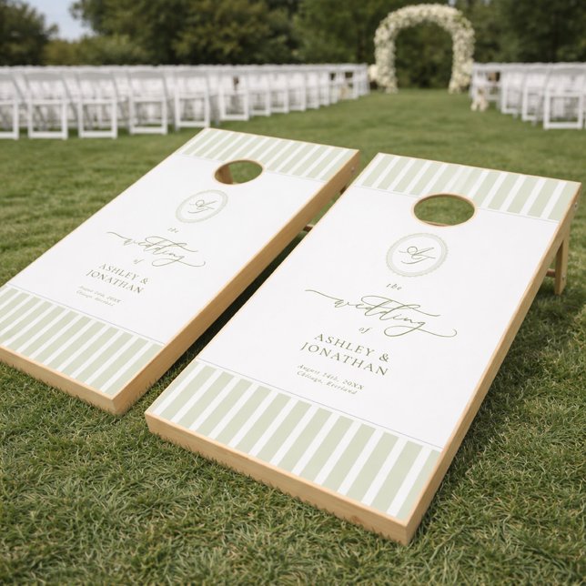 Sage Green Stripes Outdoor Wedding Cornhole Set (Creator Uploaded)