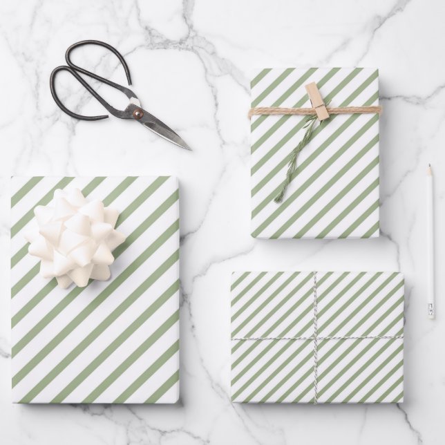 Sage Green Stripes Pattern Wrapping Paper Sheets (Front)
