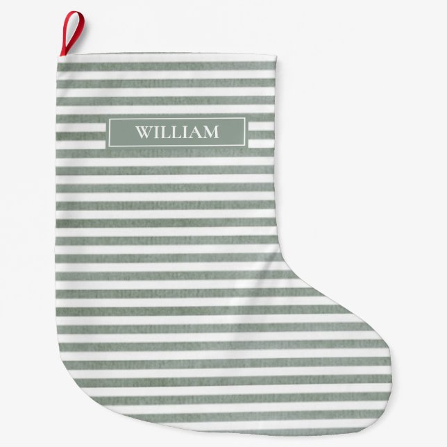 Sage Green Stripes Personalized Large Christmas Stocking (Front)