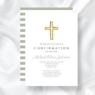 Sage Green Stripes Religious Boy Confirmation Invitation