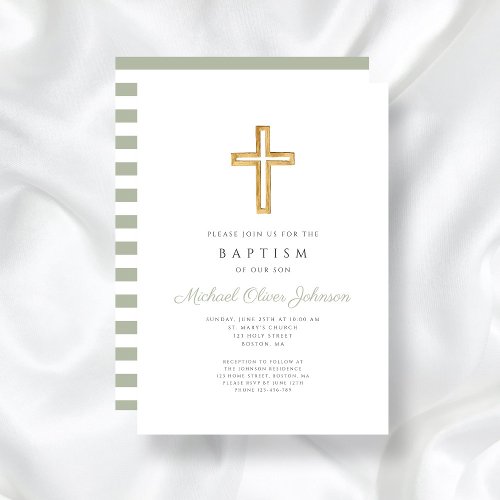 Sage Green Stripes Religious Cross Baptism  Invitation