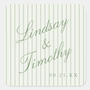 Sage Green Stripes Retro Wedding Favor Square Sticker