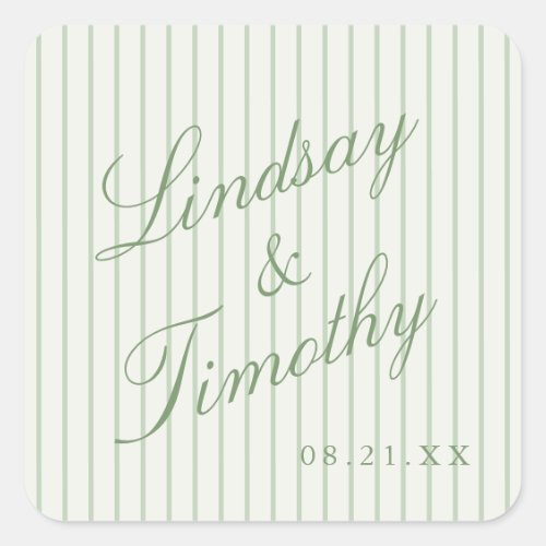 Sage Green Stripes Retro Wedding Favor Square Sticker