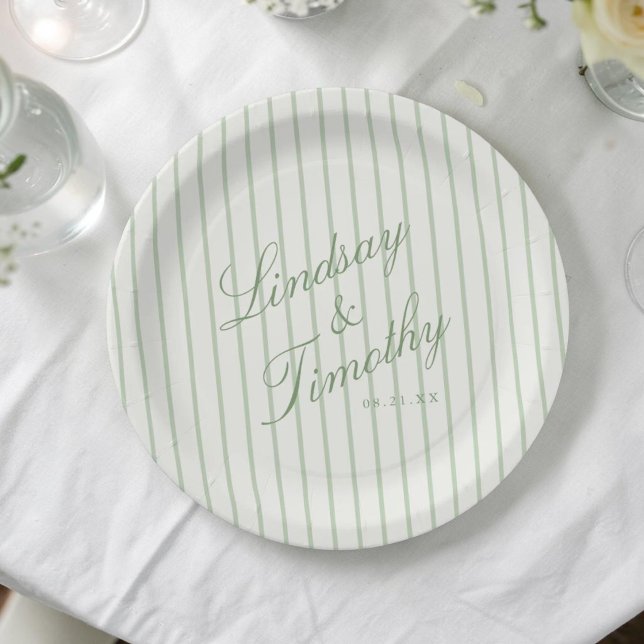 Sage Green Stripes Retro Wedding Paper Plates (Creator Uploaded)