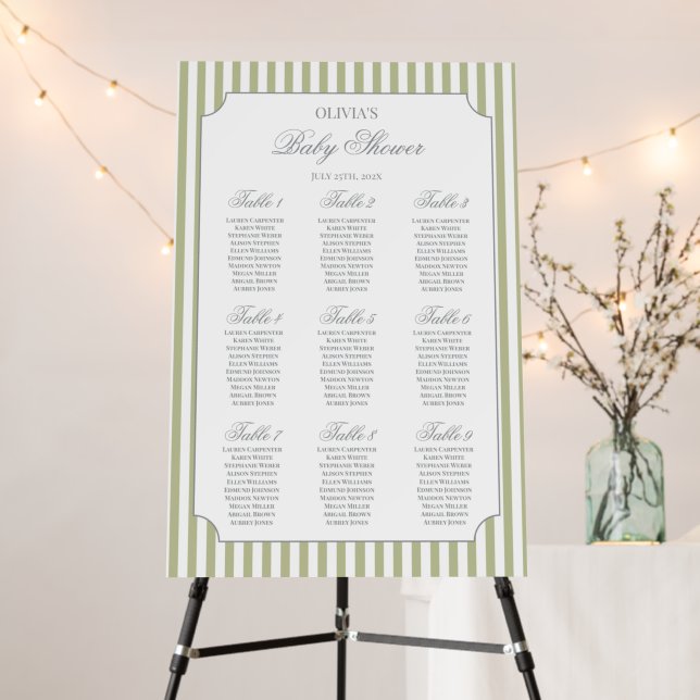 Sage Green Stripes Seating Chart Foam Board (In Situ (Stand))