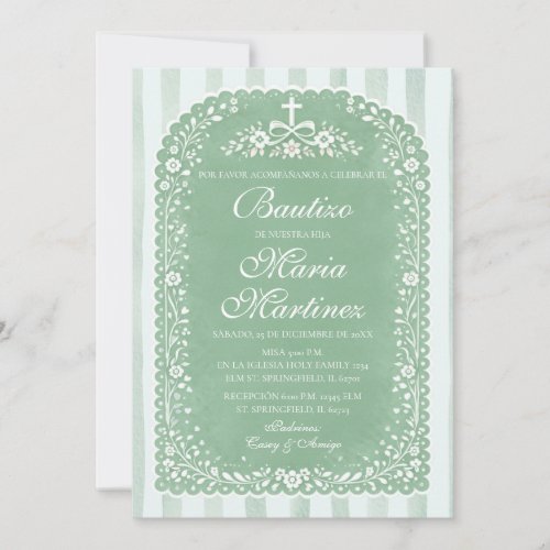 Sage Green Stripes Spanish Girl Bautizo Talavera Invitation