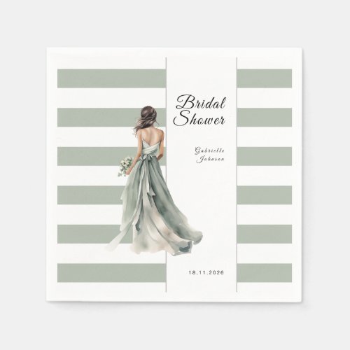 Sage Green Stripes Watercolor Bride Bridal Shower Napkins