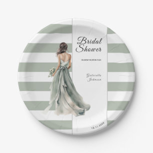 Sage Green Stripes Watercolor Bride Bridal Shower Paper Plates