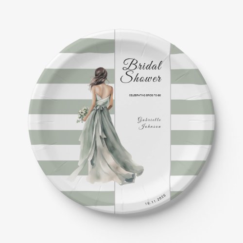 Sage Green Stripes Watercolor Bride Bridal Shower Paper Plates