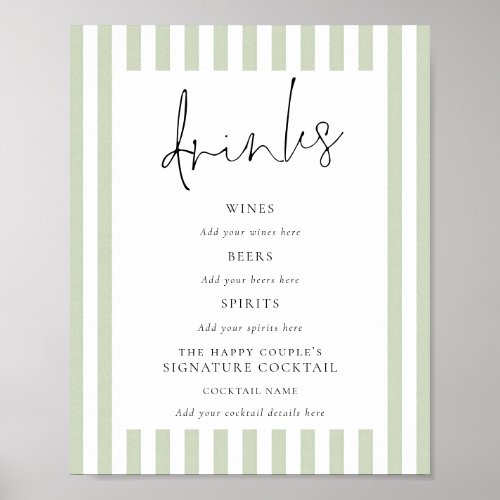 Sage Green Stripes Wedding Drinks Bar Sign