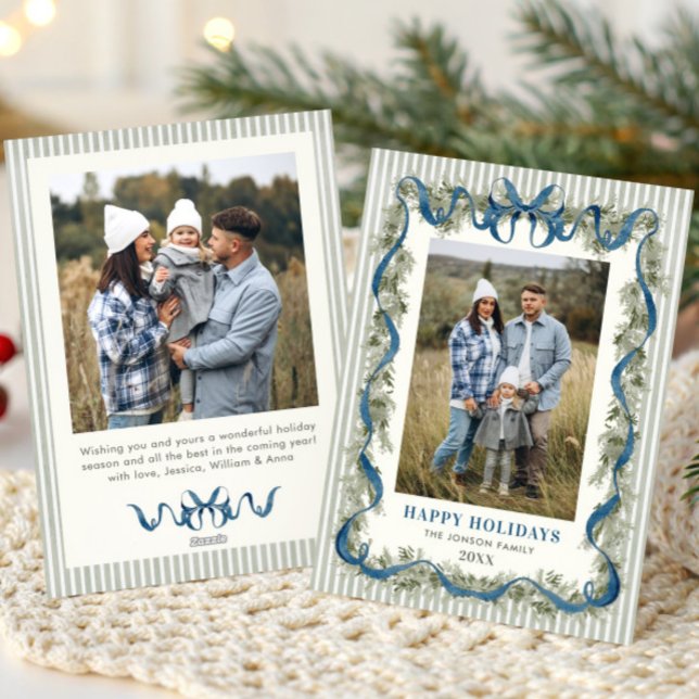 Sage Green Stripped Blue Bow Christmas 2 Photo Holiday Card (Creator Uploaded)