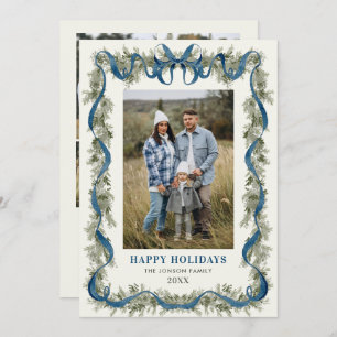 Sage Green Stripped Blue Bow Christmas 5 Photo Holiday Card