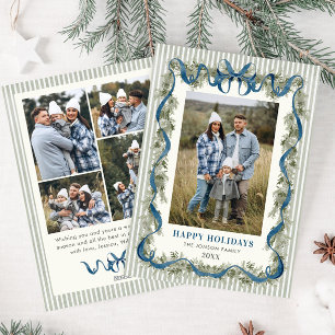 Sage Green Stripped Blue Bow Christmas 5 Photo Holiday Card