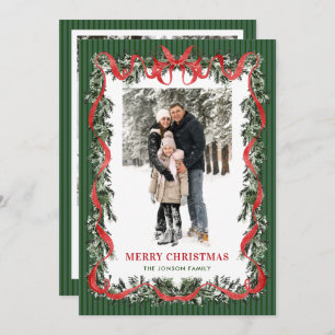 Sage Green Stripped Red Bow Christmas 5 Photo Holi Holiday Card