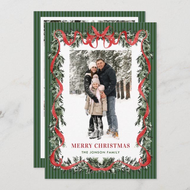 Sage Green Stripped Red Bow Christmas 5 Photo Holi Holiday Card (Front/Back)