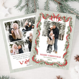 Sage Green Stripped Red Bow Christmas 5 Photo Holiday Card